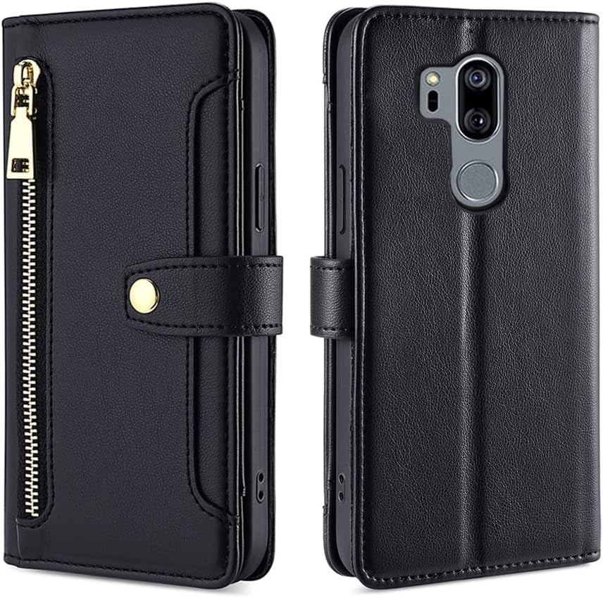 Asuwish Phone Case for LG G7 Thinq Wallet Cover and Tempered Glass Screen Protector Leather Card Holder Zipper Stand LGG7 One G 7 plus LG7 Fit Lg7Thinq 7G Thin Q G7+ G7Thinq Lgg7Thinq Women Men Black  Asuwish   