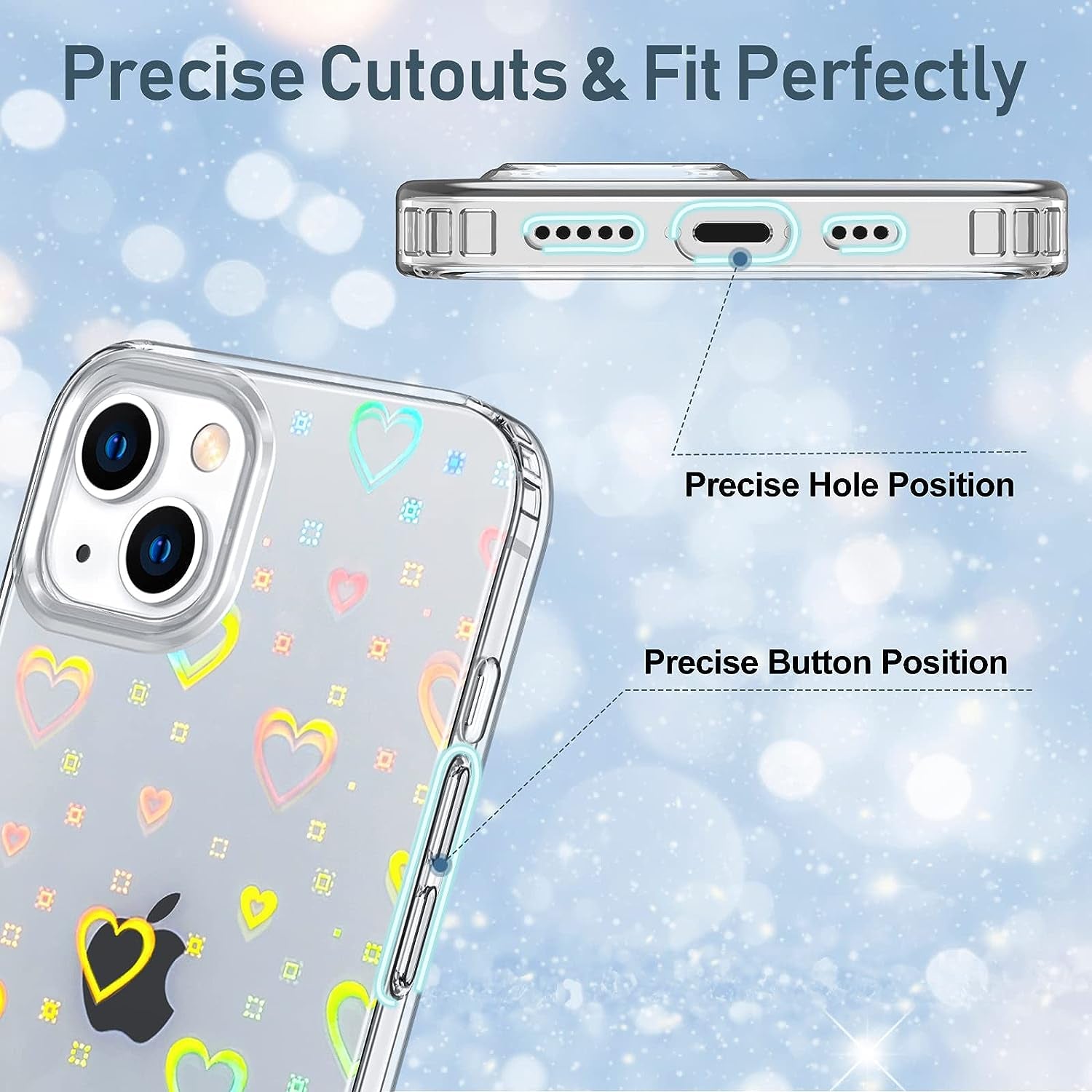 LOEV Compatible with Iphone 14 plus 6.7 Inch Clear Holographic Heart Phone Case, Laser Rainbow Love Heart Cute Pattern Design Phone Case Protective Shockproof Hard PC & Soft TPU Cover for Women Girl  LOEV   
