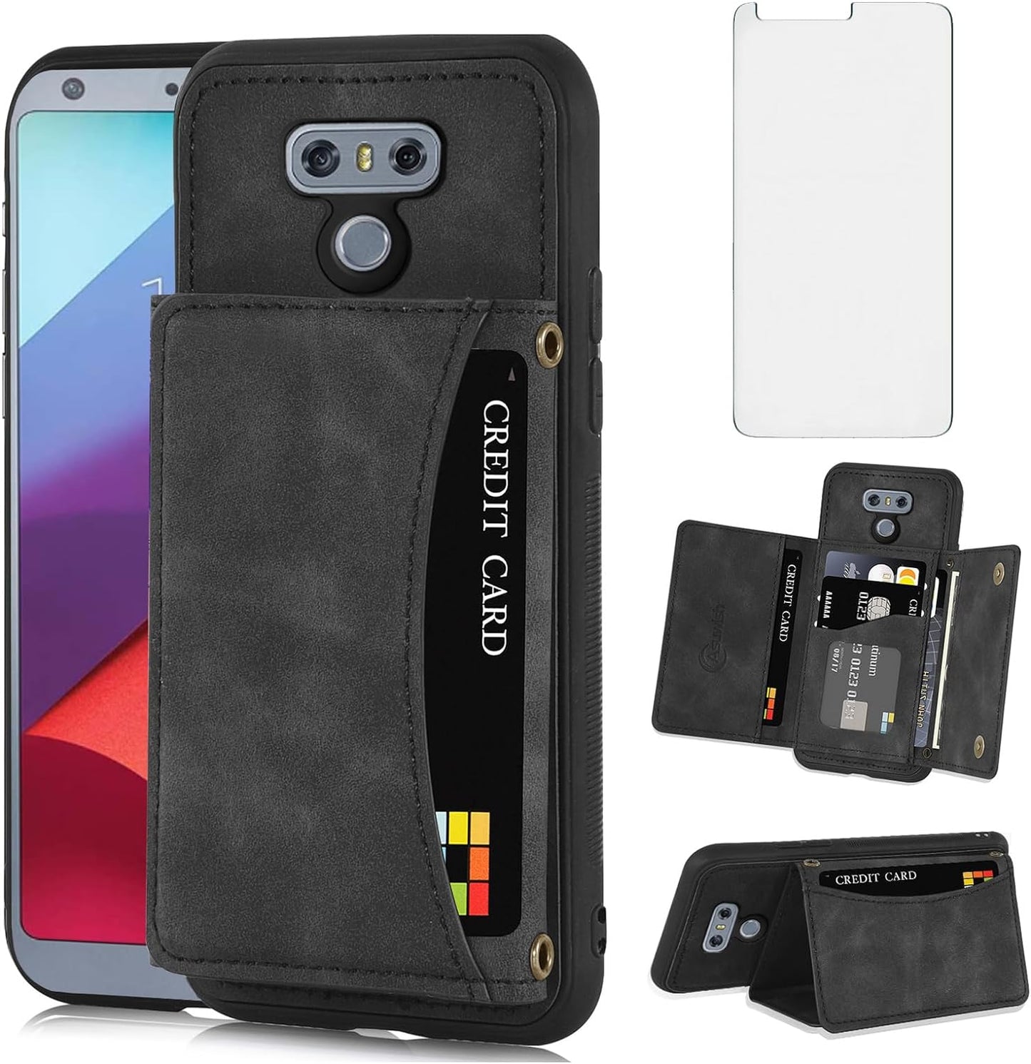 Asuwish Phone Case for LG G6 Wallet Cover with Tempered Glass Screen Protector and PU Leather Credit Card Holder Stand Cell Accessories LGG6 Thinq LG6 Thin Q G 6 plus G6+ 6G VS988 H872 Women Men Blue  Asuwish Black For Lg G6 / G6 Plus / G6 Thinq 