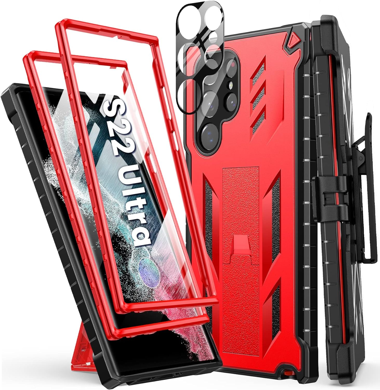 FNTCASE for Samsung Galaxy S22 Ultra Case: Built-In Screen Protector & Kickstand & Belt-Clip Holster, Extra Front Frame Full-Body Dual Layer Rugged Heavy Duty Shockproof Protective Phone Cover-Orange  FNTCASE Red  