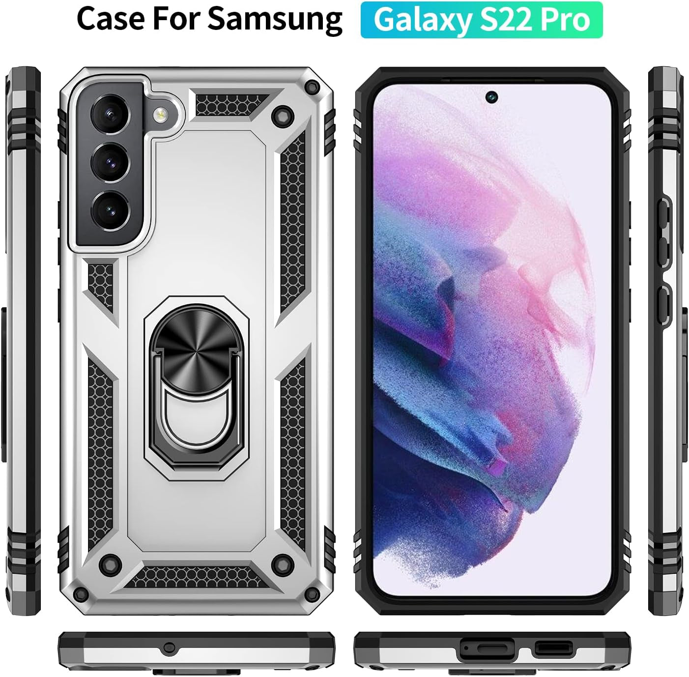 Military Grade Drop Impact for Samsung Galaxy S22 plus Case Galaxy S22+ plus 5G Case 360 Metal Rotating Ring Kickstand Holder Armor Heavy Duty Shockproof Case for Galaxy S22+ plus Phone Case (Silver)  Dionsibei   