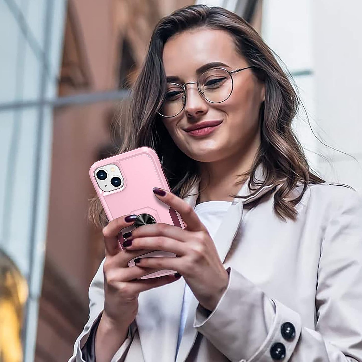 Oterkin for Iphone 14 plus Case, [4 in 1] Iphone 14 plus Phone Case with [2Pcs 9H HD Tempered Glass Screen Protectors][360°Rotatable Stand Ring][10Ft Military Grade] Case for Iphone 14 plus (Pink)  Oterkin   