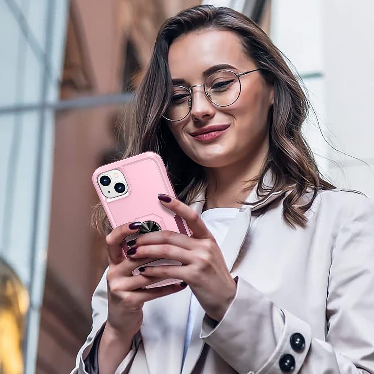 Oterkin for Iphone 14 plus Case, [4 in 1] Iphone 14 plus Phone Case with [2Pcs 9H HD Tempered Glass Screen Protectors][360°Rotatable Stand Ring][10Ft Military Grade] Case for Iphone 14 plus (Pink)  Oterkin   