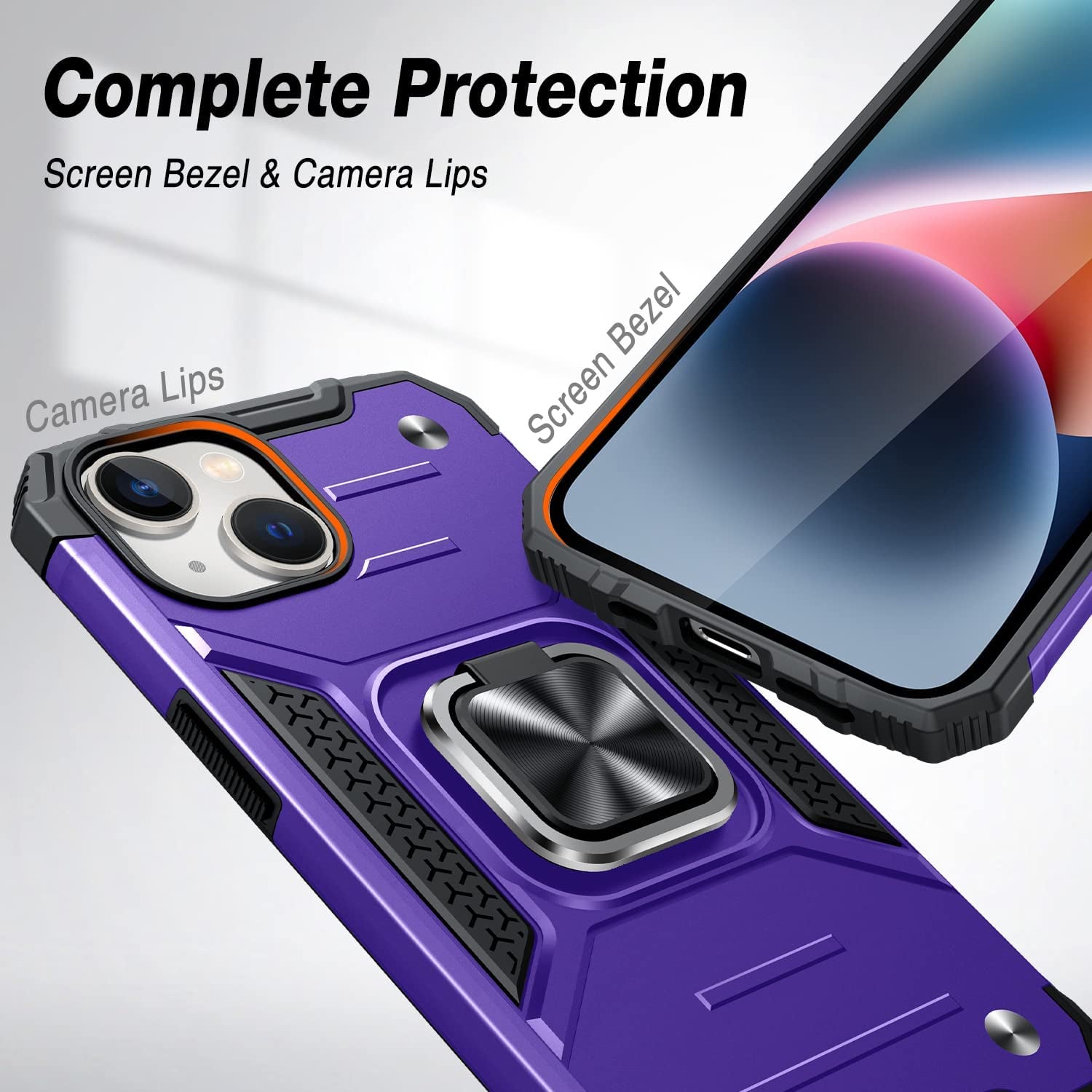 JAME for Iphone 14 Case with Screen Protector [2 PCS], Shockproof Bumper Case for Iphone 14 Case for Women & Men, Heavy-Duty Protection with Metal Ring Kickstand Case for Iphone 14, 6.1 Inch, Purple  XJXIN   