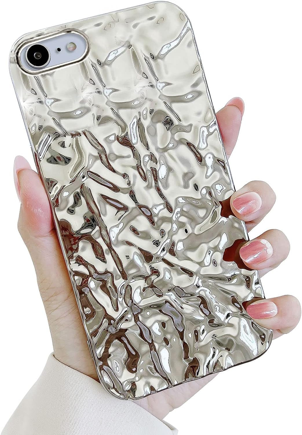 Yebowe Compatible with Iphone 13 Mini Case, Cute 3D Tin Foil Pleated Luxury Phone Cover for Women Girls Cool Bling Designer Soft Silicone Case for Iphone 13 Mini, Pink  Yebowe Silver Iphone 7/8/Se 