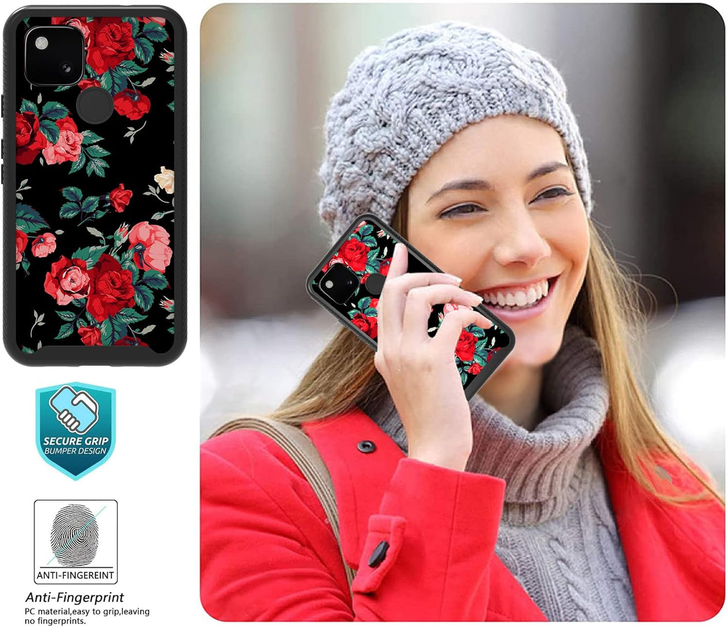 MGAH Pixel 4A 5G Case with Roses Design,Google Pixel 4A 5G Phone Case,Hybrid Triple Layer Armor Protective Cover Flexible Sturdy Anti-Scratch Shockproof Cute Case for Women and Girls-Flowers/Black  MGAH   