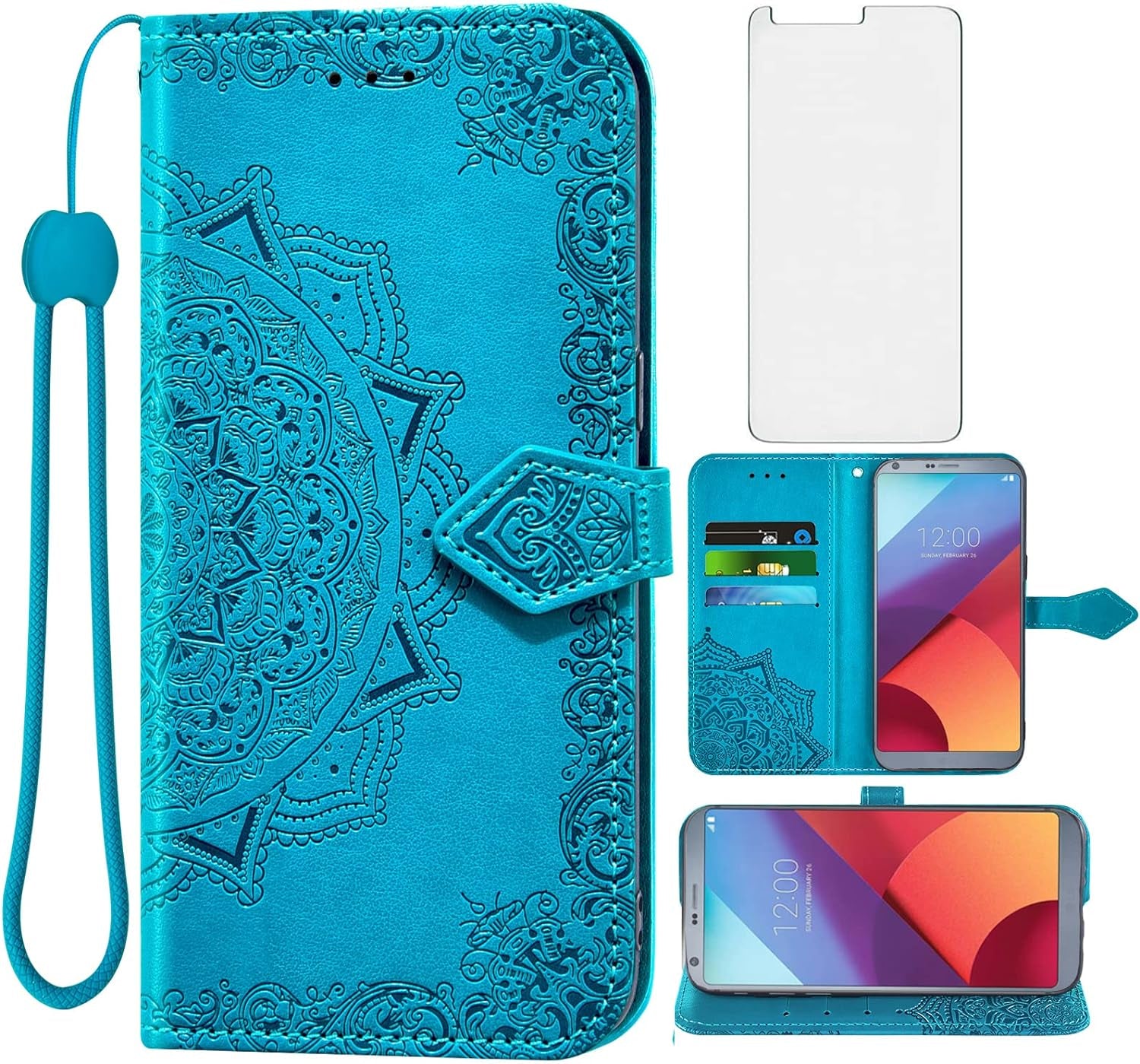 Asuwish Compatible with LG G6 Wallet Case Tempered Glass Screen Protector and Leather Flip Cover Card Holder Cell Phone Cases for LGG6 Thinq LG6 Thin Q G 6 plus G6+ 6G VS988 H872 Women Men Blue  Asuwish   