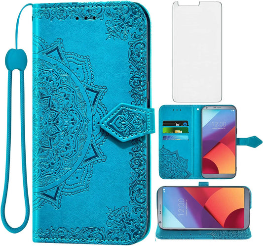 Asuwish Compatible with LG G6 Wallet Case Tempered Glass Screen Protector and Leather Flip Cover Card Holder Cell Phone Cases for LGG6 Thinq LG6 Thin Q G 6 plus G6+ 6G VS988 H872 Women Men Blue  Asuwish   