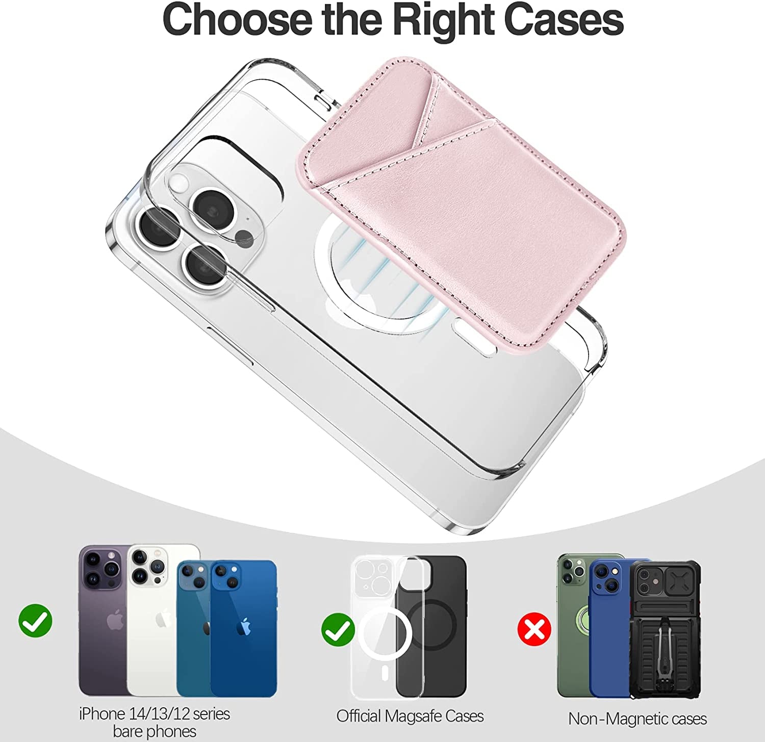 Miroddi Magnetic Card Wallet Holder with Magsafe for Back of Iphone 14/13/12 Series, Magsafe Wallet, Magsafe Leather Wallet, Independent Card Slot, Invisible Ultra-Thin, 3.85"X2.67"X0.12", [Pink]  Miroddi   