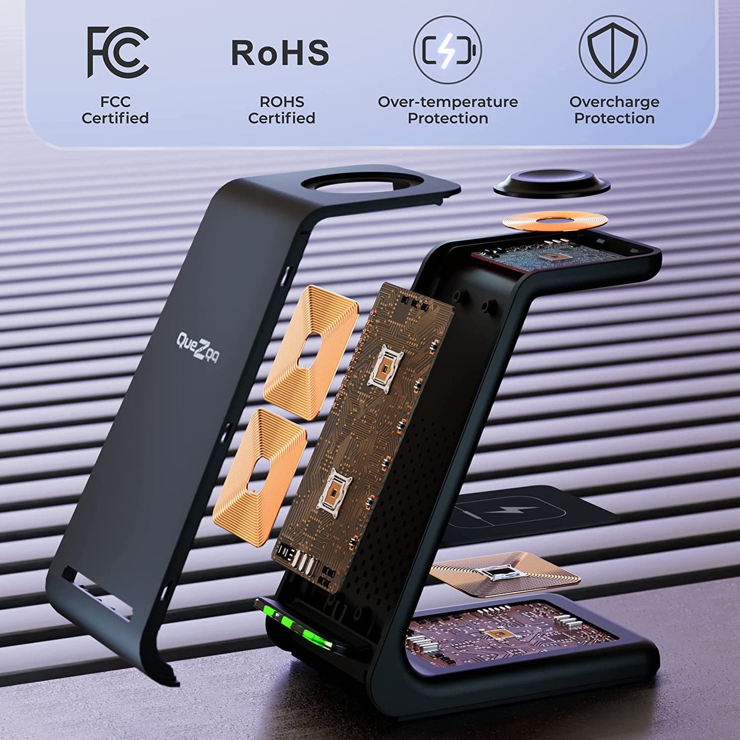 Quezqa Wireless Charging Stand - Fast Wireless Charger - 3 in 1 Charging Station for Apple Airpods Pro 3 2 Apple Watch Ultra 8 7 SE 6 5 4 Iphone 14 Pro Max 14 plus 13 12 11 Pro Max with QC3.0 Adapter  QUEZQA   