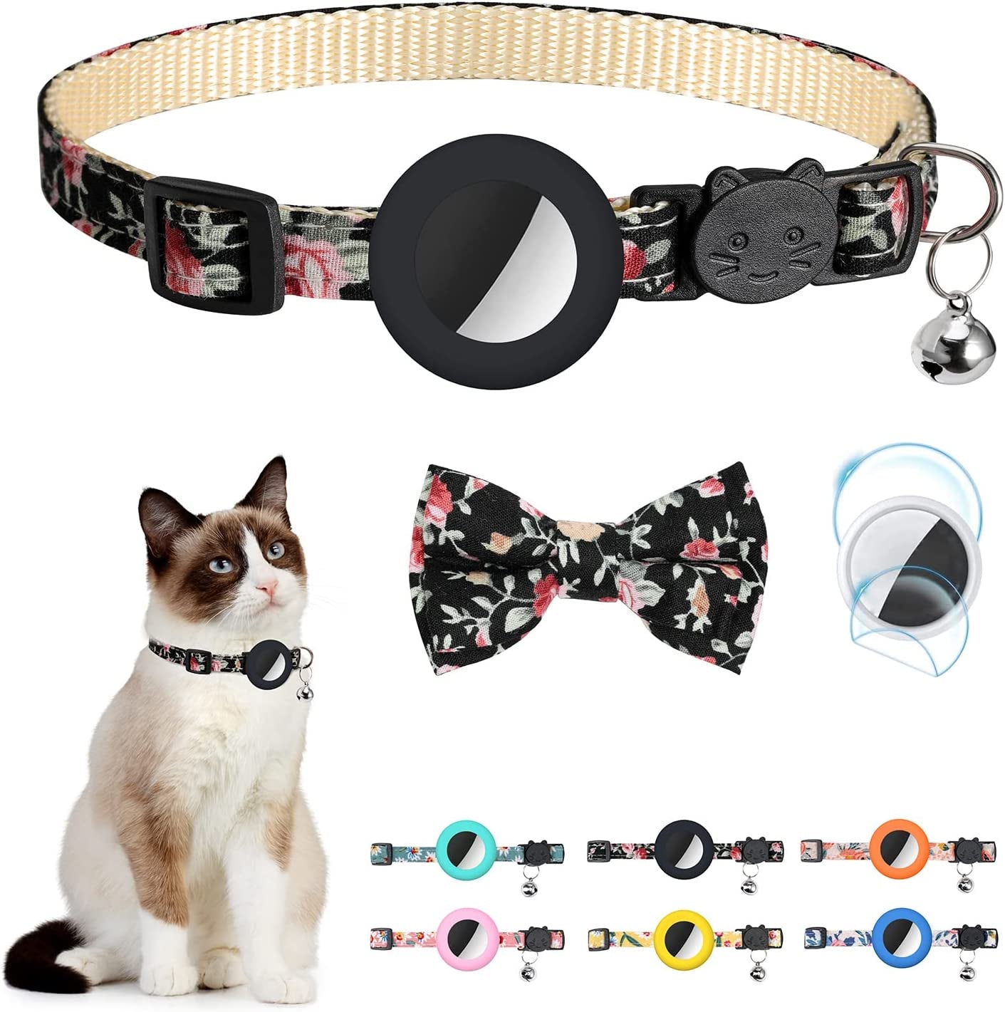 Airtag Cat Collar with Bell Adjustable Breakaway Kitten Collars:- Safety Buckle and Silicone Air Tag Holder Case Compatible with Apple Airtag Geometric Pattern Pet Collar (Pink)  OEBEESA Black  