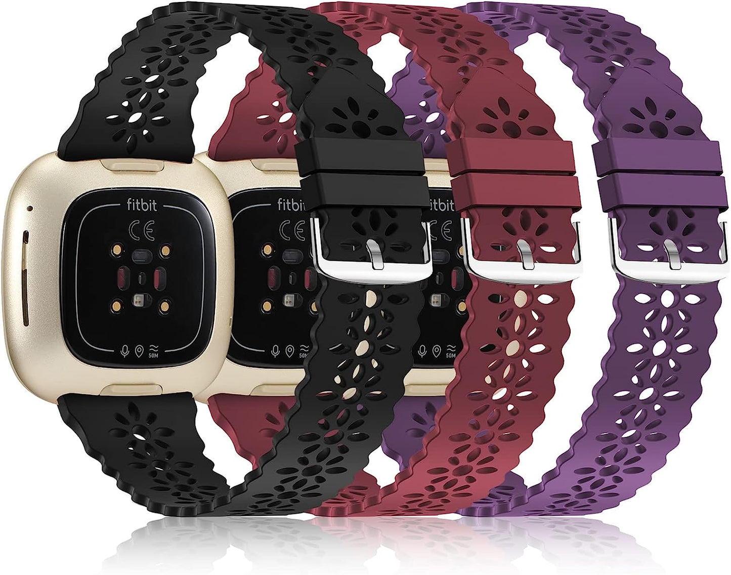 YAXIN 3 Pack Slim Sport Bands Compatible with Fitbit Sense/Fitbit Versa 3 Band/Versa 4 Bands/Fitbit Sense 2 for Women,Soft Silicone Lace Replacement Wristbands for Fitbit Versa Smart Watch  YAXIN H-black/wine red/purple  