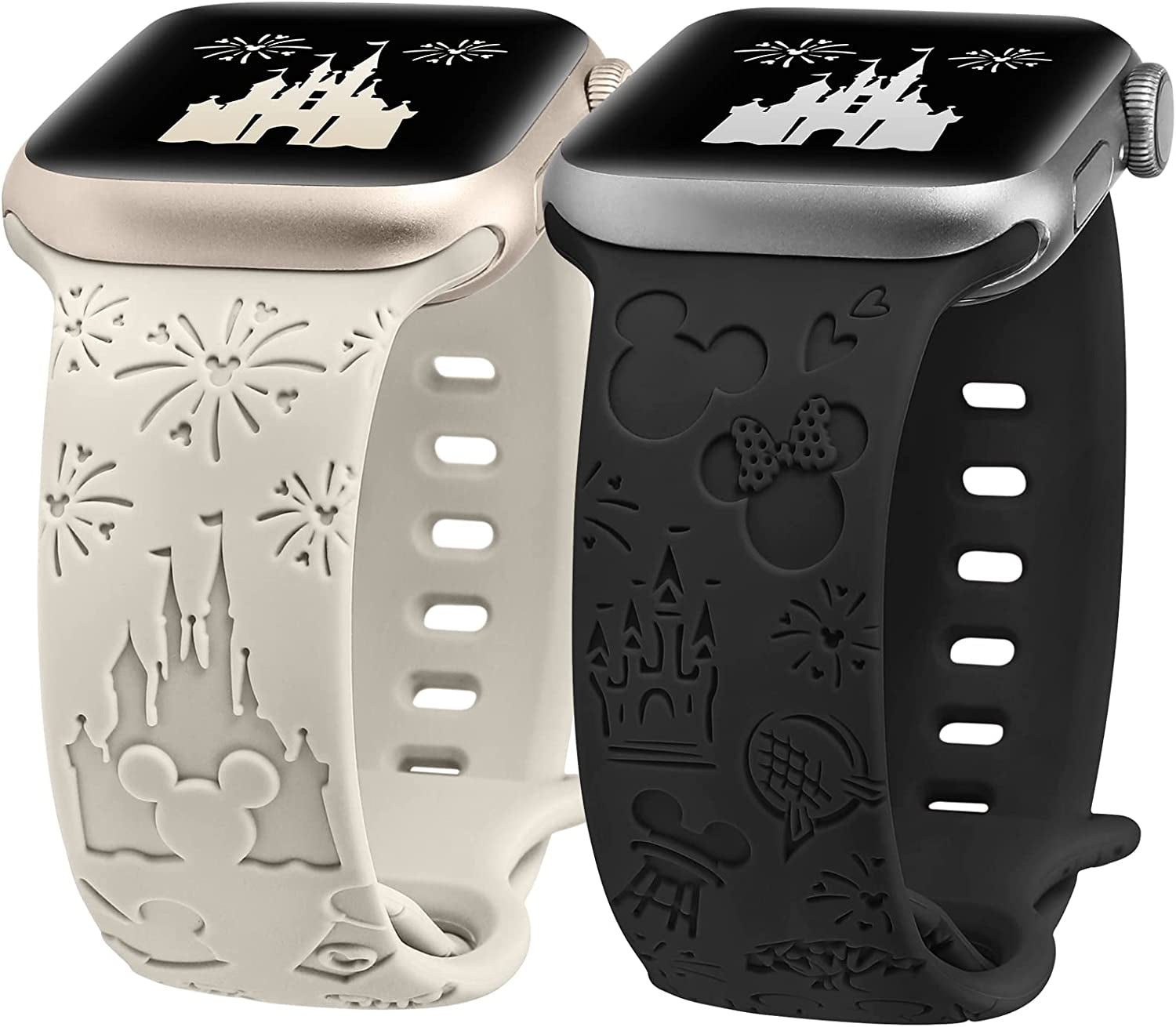 Girovo 2 Packs Cartoon Engraved Bands Compatible with Apple Watch Bands 38Mm 40Mm 41Mm 44Mm 45Mm 42Mm 49Mm Women, Cute Anime Designer Soft Silicone Strap for Iwatch Series 8/7/6/5/4/3/2/1/Se/Ultra  Girovo Starlight & Black 42/44/45/49mm 