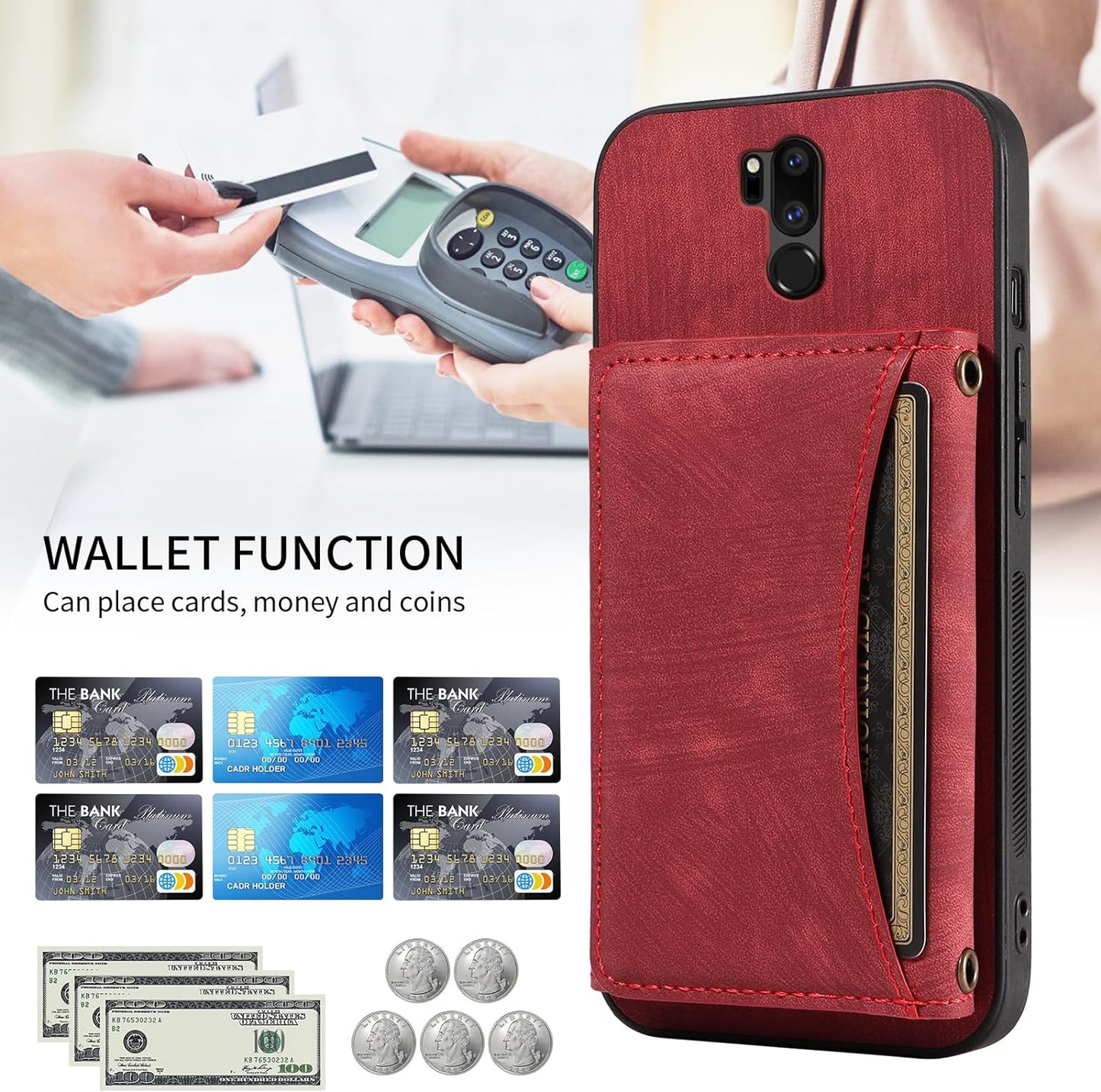 Phone Case for LG G7 Thinq Wallet Cover with Crossbody Shoulder Strap and Leather Credit Card Holder Pocket Slim Stand LGG7 One G 7 plus LG7 Fit Lg7Thinq 7G Thin Q G7+ G7Thinq Lgg7Thinq Girls Red  Dswteny   