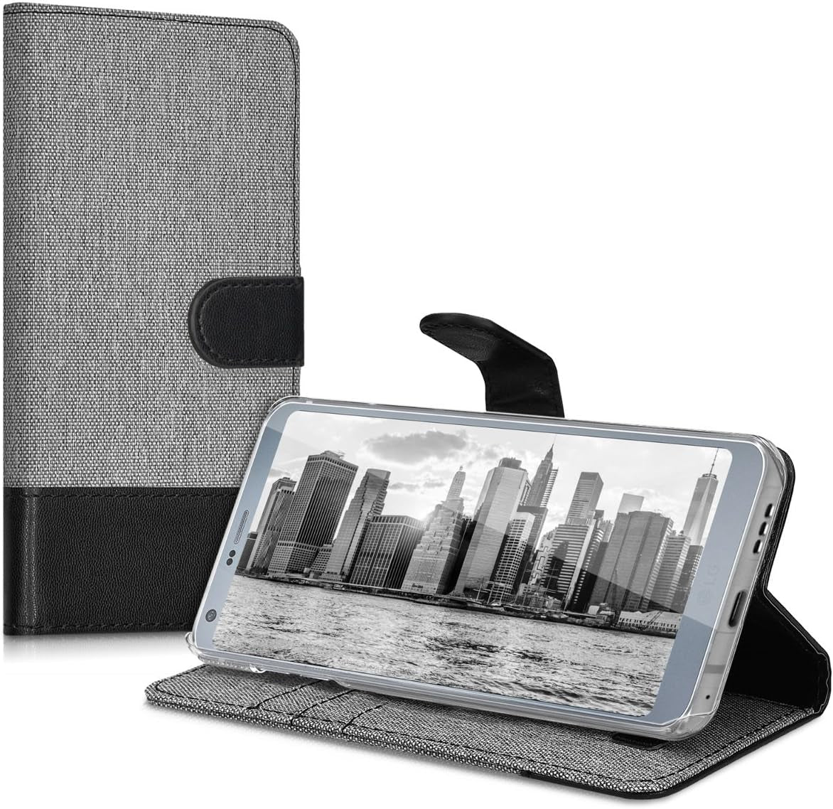 Kwmobile Wallet Case Compatible with LG G6 - Case Fabric and Faux Leather Phone Flip Cover - Grey/Black  KW-Commerce   