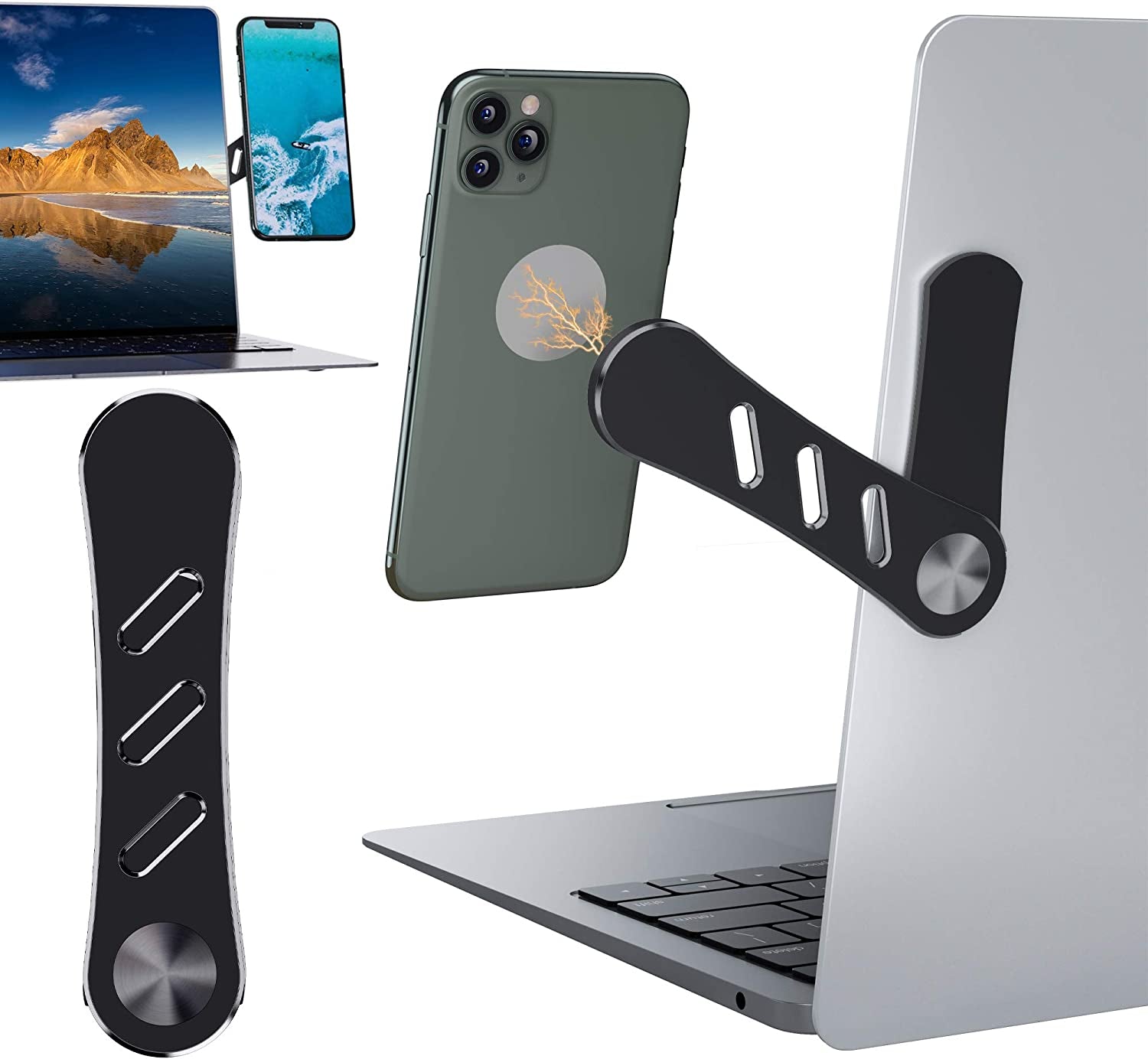 DK177 Magnetic Phone Holder, Laptop or Desktop Monitor Side Mount Phone Holder, Slim Portable Foldable Computer Expansion Bracket Compatible with Any Phone, Silver  DK177 Black  