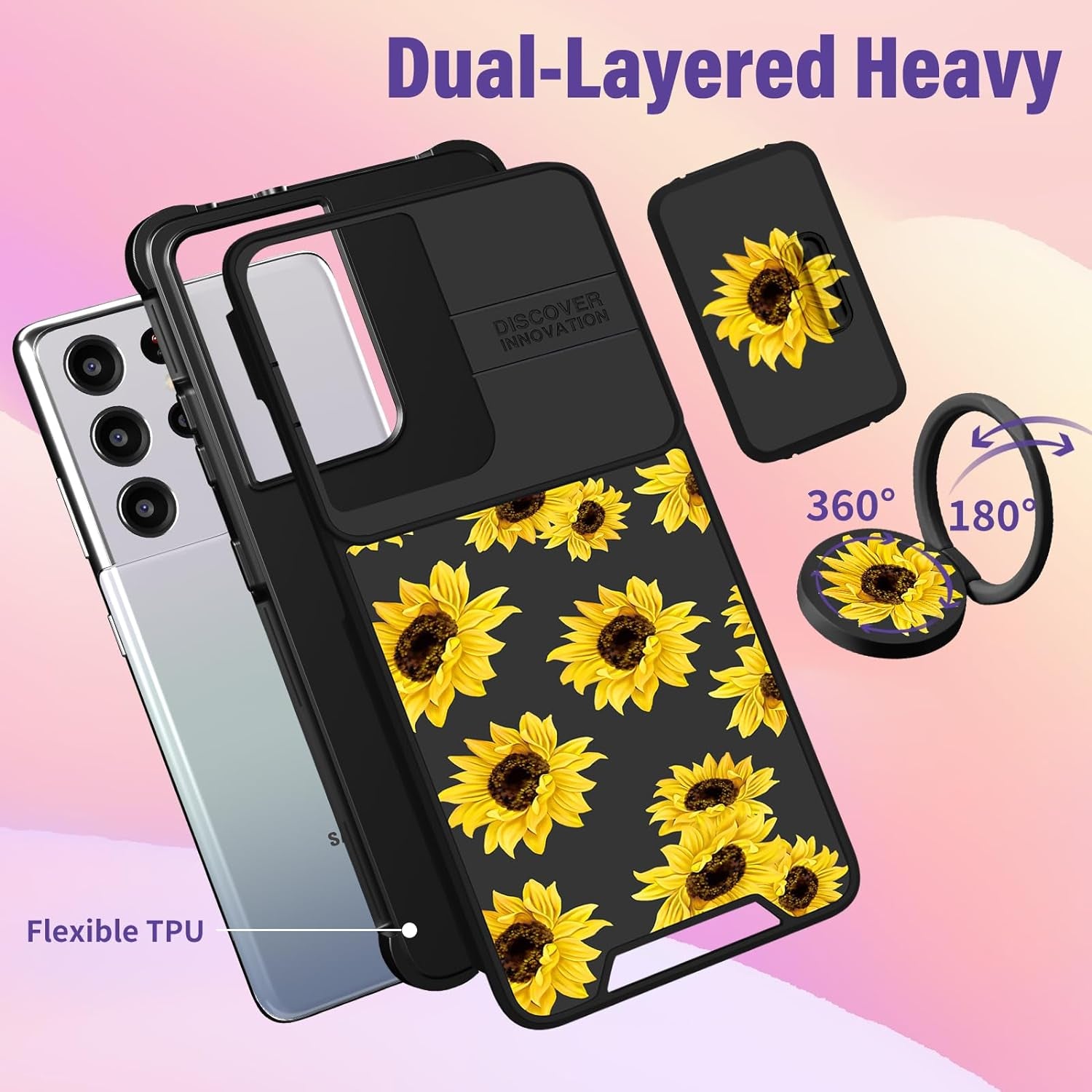 Funermei (2In1 for Samsung Galaxy S21 Ultra Case for Women Sunflower Cute Girls Phone Cover Flowers Floral Girly Sun Flower Black Design with Camera Cover+ Ring Stand for S21 Ultra Case  Funermei   