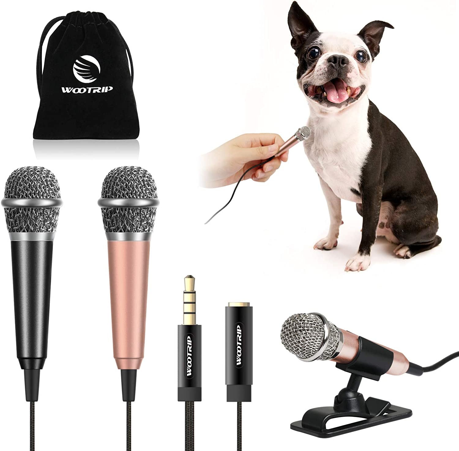 Mini Microphone, Wootrip Karaoke Tiny Microphone for Voice Recording Interview, Portable Small Singing Mic 3.5Mm Plug with Stand Suitable for Android Phone,Iphone,Ipad, Laptop (Rose Gold)  Wootrip Black Gold  
