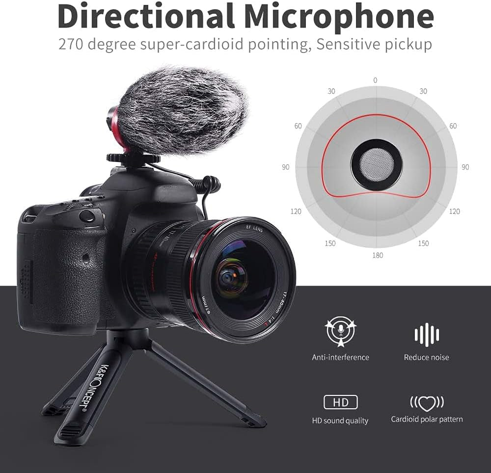 Video Microphone, Universal Camera Microphone with Shock Mount, Tripod, Deadcat Windscreen, External Shotgun Mic for Iphone Android Smartphones, Canon EOS, Nikon DSLR Cameras, Camcorders, Vlogging Mic  K&F Concept   