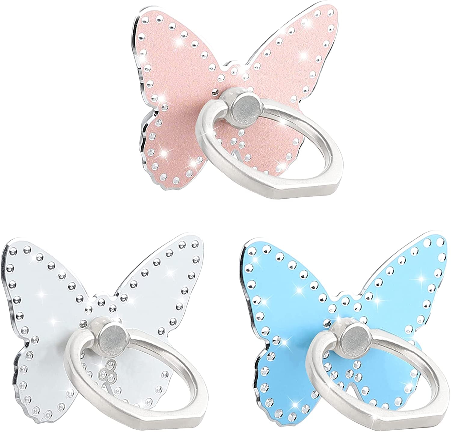 LSL Cute Butterfly Cell Phone Ring Holder 360°Rotation Metal Finger Stand Kickstand Universal Compatible with Iphone Samsung Galaxy LG Google Pixel Ipad Three Pack Pink Blue Purple Pretty Butterfly  LSL White Blue Orange Diamond Butterfly  