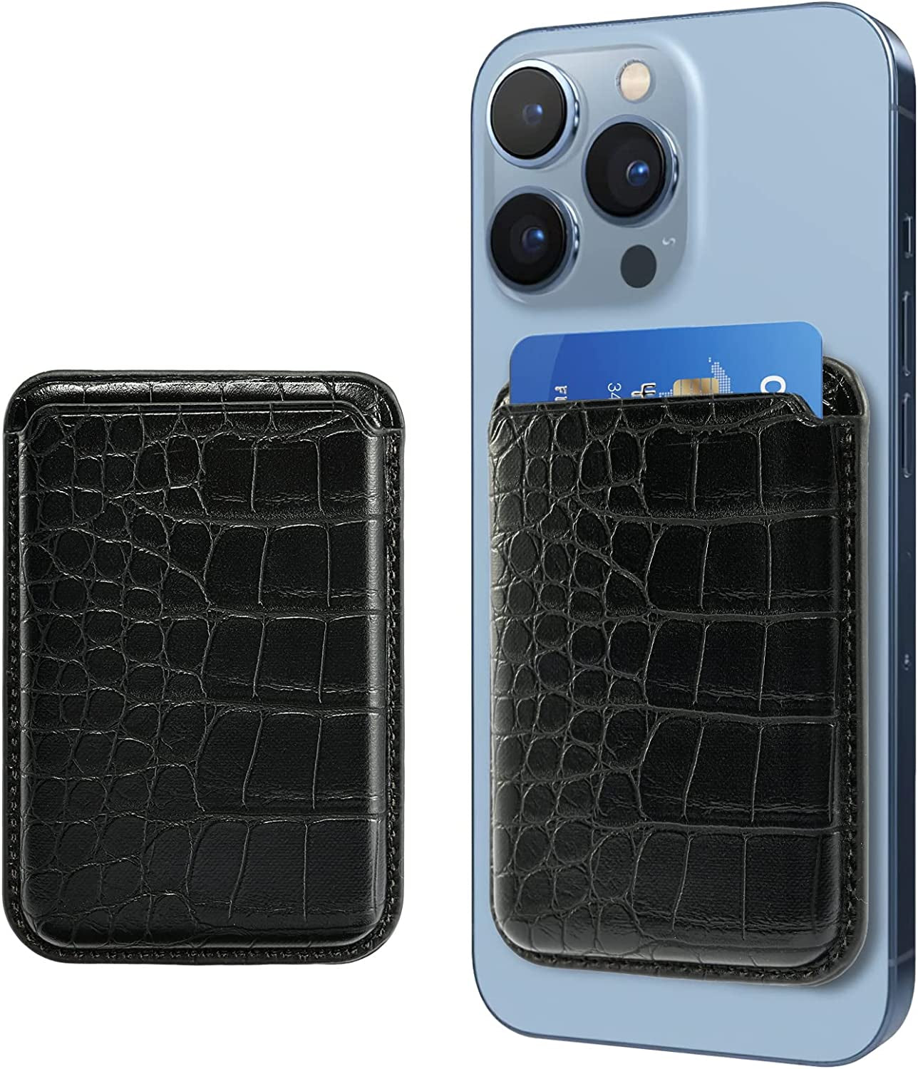 KECC Magsafe Wallet Compatible with Apple Iphone 13 12 Pro Max | Ultra Strong Magnetic Wallet Card Holder Pouch | Italian Leather, Slim, Lightweight (Rainbow Mist)  KECC Black Crocodile Leather  