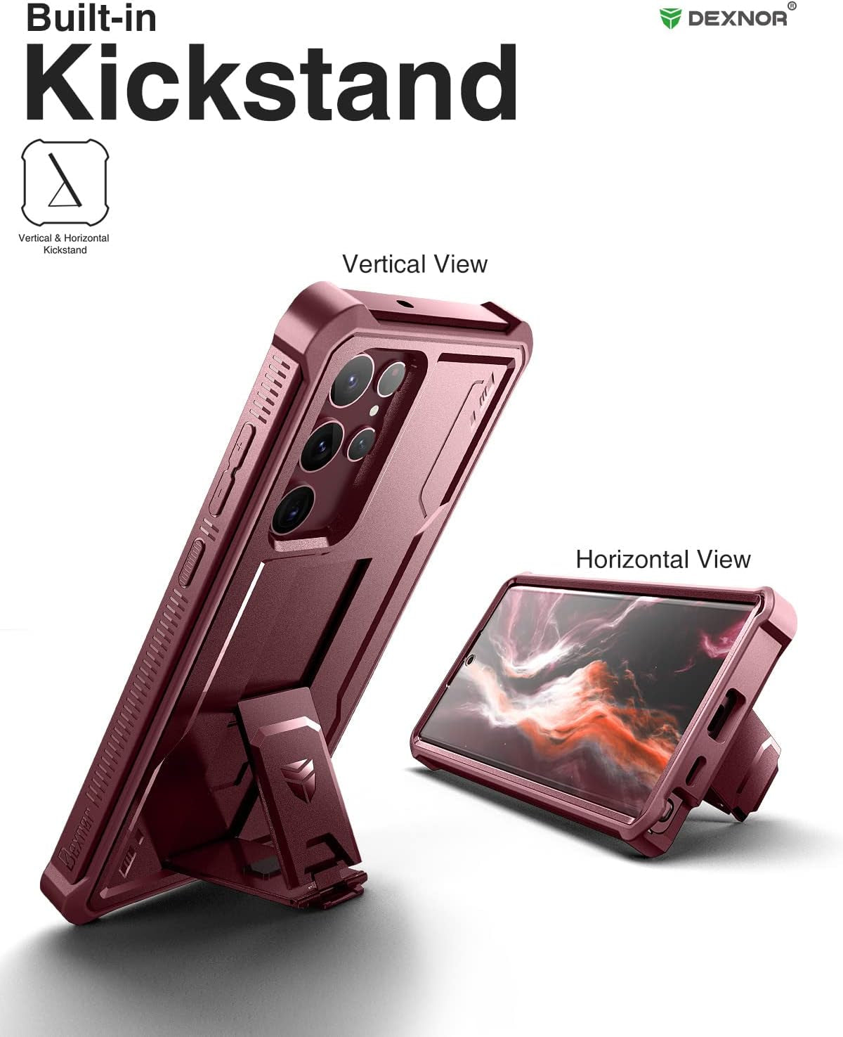 Dexnor for Samsung Galaxy S22 Ultra Case, [Built in Screen Protector and Kickstand] Heavy Duty Military Grade Protection Shockproof Protective Cover for Samsung Galaxy S22 Ultra 5G,Maroon Red  Dexnor   