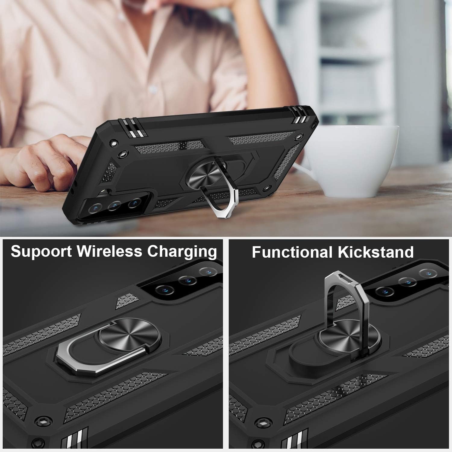 IKAZZ Galaxy S21 Case,Samsung S21 Cover Military Grade Shockproof Heavy Duty Protective Phone Case Pass 16Ft Drop Test with Magnetic Kickstand Car Mount Holder for Samsung Galaxy S21 Black  IKAZZ   