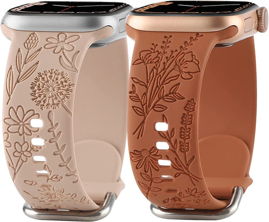 Flower Engraved Silicone Band Compatible with Apple Watch Bands 38Mm 40Mm 41Mm, Cute Women Wildflowers Floral Design Soft Sport Strap Replacement Wristbands for Iwatch Series 8 7/SE/6/5/4/3/2/1  FERJITGR   
