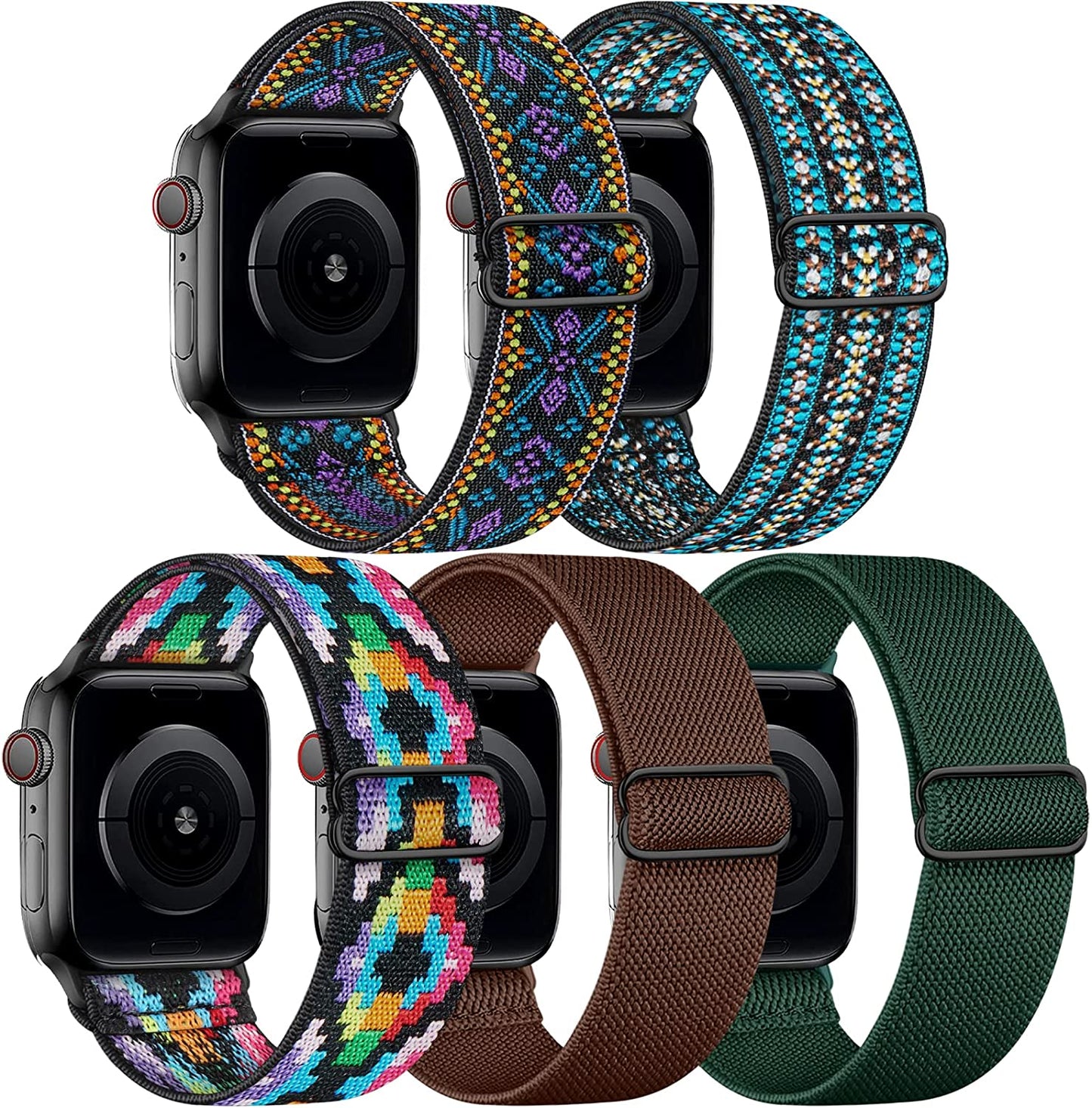 Cangroo 5 Pack Stretchy Nylon Bands Compatible with Apple Watch Band 38Mm 40Mm 41Mm 42Mm 44Mm 45Mm 49Mm for Women Men, Elastic Solo Loop Braided Wristbands for Iwatch SE Ultra Series 8 7 6 5 4 3 2 1  Cangroo Purple Boho/Teal Boho/Rainbow Boho/Brown/Leaf Green 42mm/44mm/45mm/49mm 