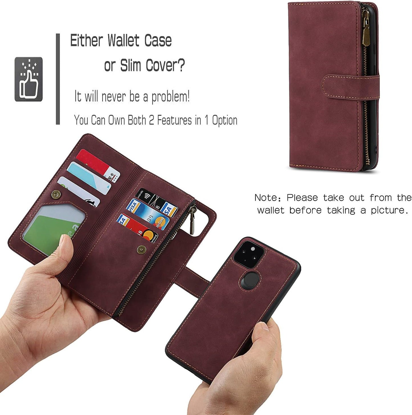 Sailortech Magnetic Detachable 2 in 1 Wallet Phone Case Design for Google Pixel 4A 5G with 6 Card Holder 1 Zipper Coin Wallet 1 Cash Slot Wrist Strap Kickstand for Women Men Wine Red  SAILOR   