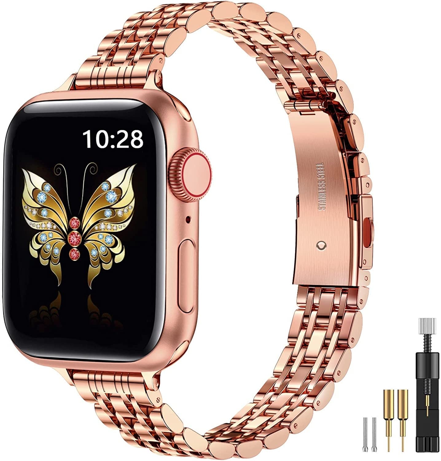 Miohhr Slim Metal Bands Compatible with Apple Watch Band Series 8/7(45Mm 41Mm),Series SE 6/5/4(40Mm 44Mm),Series 3/2 /1(38Mm 42Mm), Thin Stainless Steel Chain Strap for Women Iwatch Band  MioHHR Rose Gold 49mm 45mm 44mm 42mm 