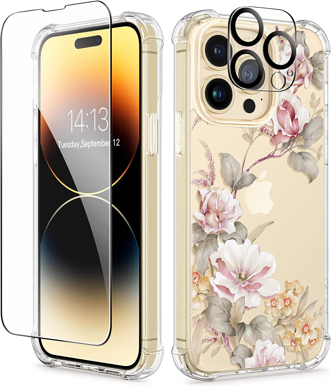 GVIEWIN Compatible with Iphone 14 Pro Case with Screen Protector & Camera Lens Protector, Floral Slim Shockproof Protective Hard PC+TPU Bumper Flower Women Cover, 6.1" 2022(Alluring Butterfly/Purple)  GVIEWIN Ranunculus/Pink  