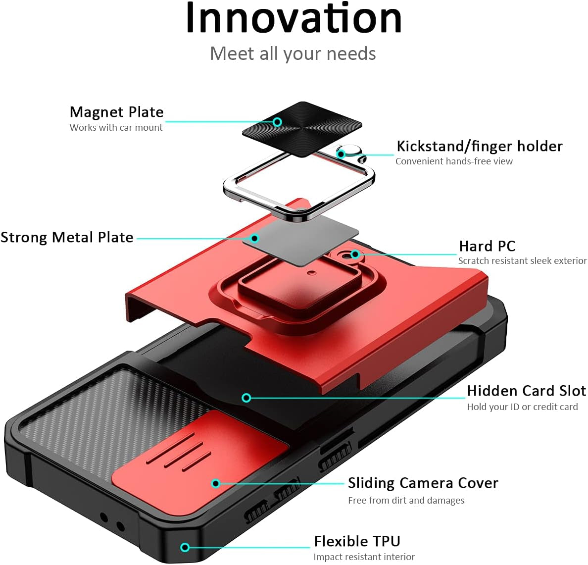 Nvollnoe for Samsung S21 Case with Sliding Camera Cover Heavy Duty Protective Galaxy S21 Case with Card Holder Magnetic Kickstand Case for Samsung S21 5G 6.2 Inch(Red)  Nvollnoe   