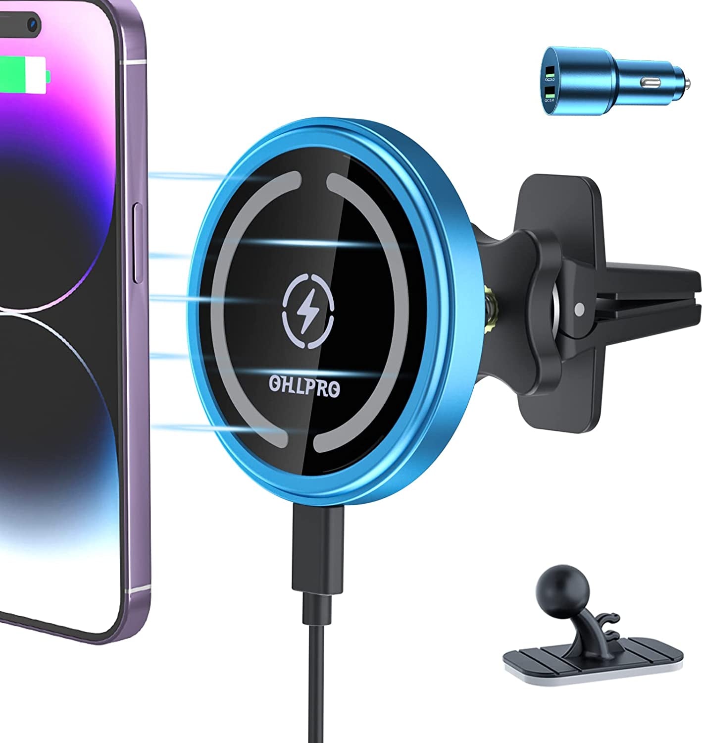 Magnetic Wireless Car Charger Mount, Stick on the Dashboard for Magsafe Iphone 14/14 Pro/14 Max/13/13 Pro/13 Pro Max/ 12/12Pro/Mini, Fast Charging Auto-Alignment Air Vent Phone Holder (Dark Grey)  OHLPRO Blue  