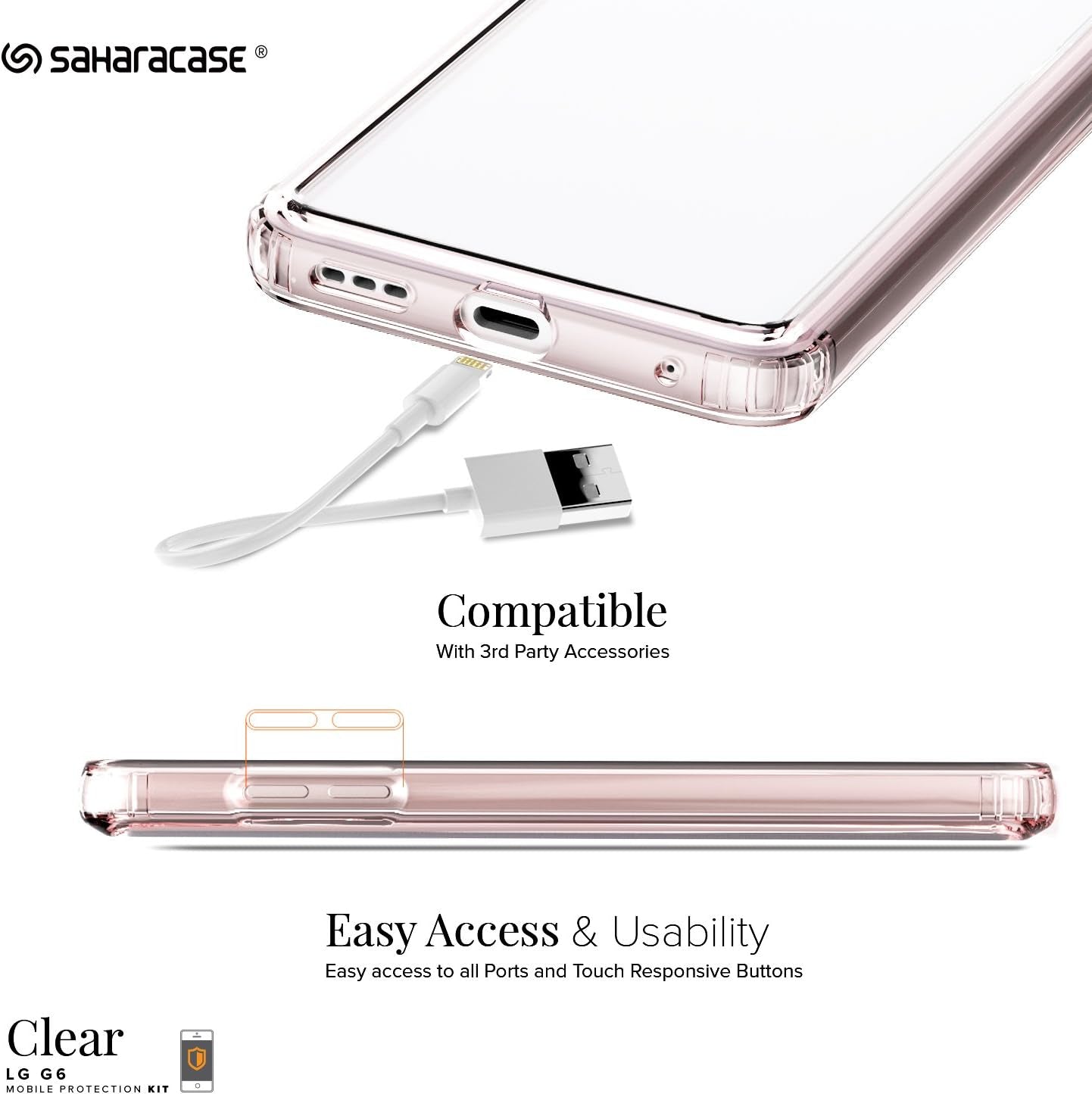 LG G6 Case, (Rose Gold Clear) Saharacase Protective Kit Bundle with [Zerodamage Tempered Glass Screen Protector] Premium Finish Slim Fit [Shockproof Bumper] Rugged Protection - Rose Gold Clear  Sahara Case   