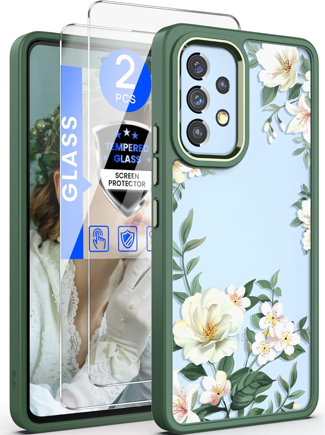 Dretal for Samsung A53 5G Case, Galaxy A53 5G Case + Tempered Glass Screen Protector,Military Grade Drop Tested Hard Back & Soft Edge Slim Flower Women Girls Protective Cover for A53 5G (Purple)  Dretal Green  