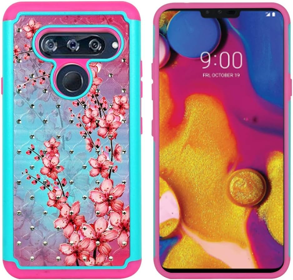 Zase Compatible with LG V40 Thinq Phone Case Hybrid Dual Layer Protection Jewel Studded Rhinestone Shockproof Slim Hard Shell Sparkly Crystal Bling Diamond (Teal Pink Blossom)  Zase   