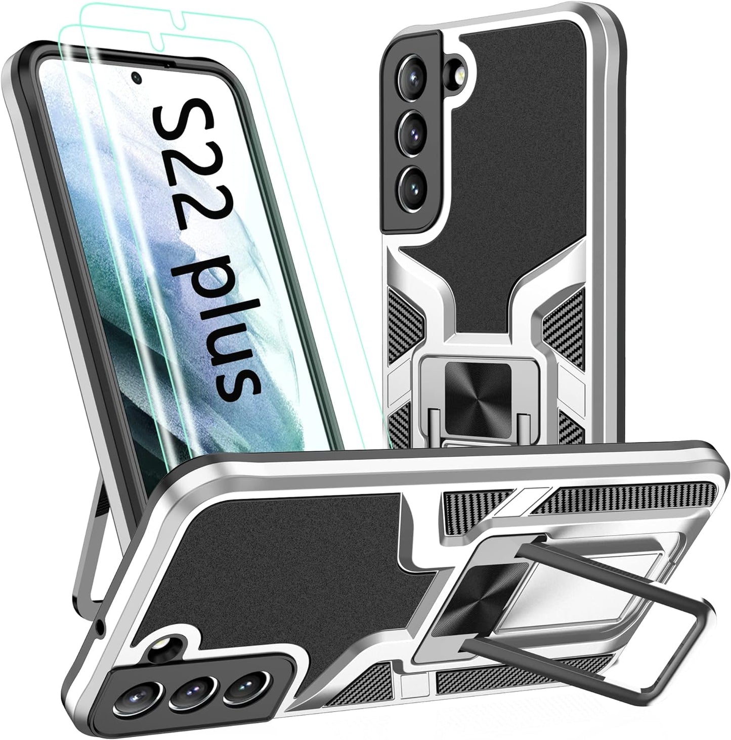 AKINIK for Samsung Galaxy S22 plus Case, S22 plus Case with Self Healing Flexible TPU Screen Protective [2 Pack],Military Grade Invisible Kickstand Case for Galaxy S22 plus (Black)  AKINIK Silver  