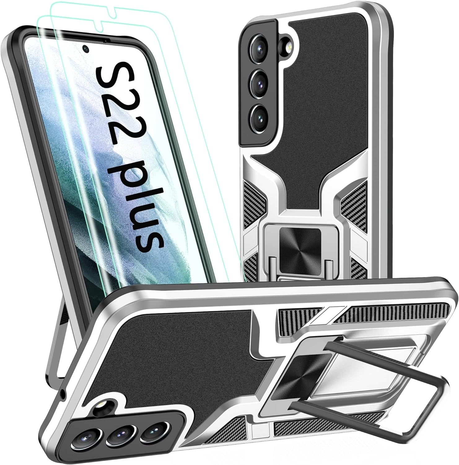 AKINIK for Samsung Galaxy S22 plus Case, S22 plus Case with Self Healing Flexible TPU Screen Protective [2 Pack],Military Grade Invisible Kickstand Case for Galaxy S22 plus (Black)  AKINIK Silver  