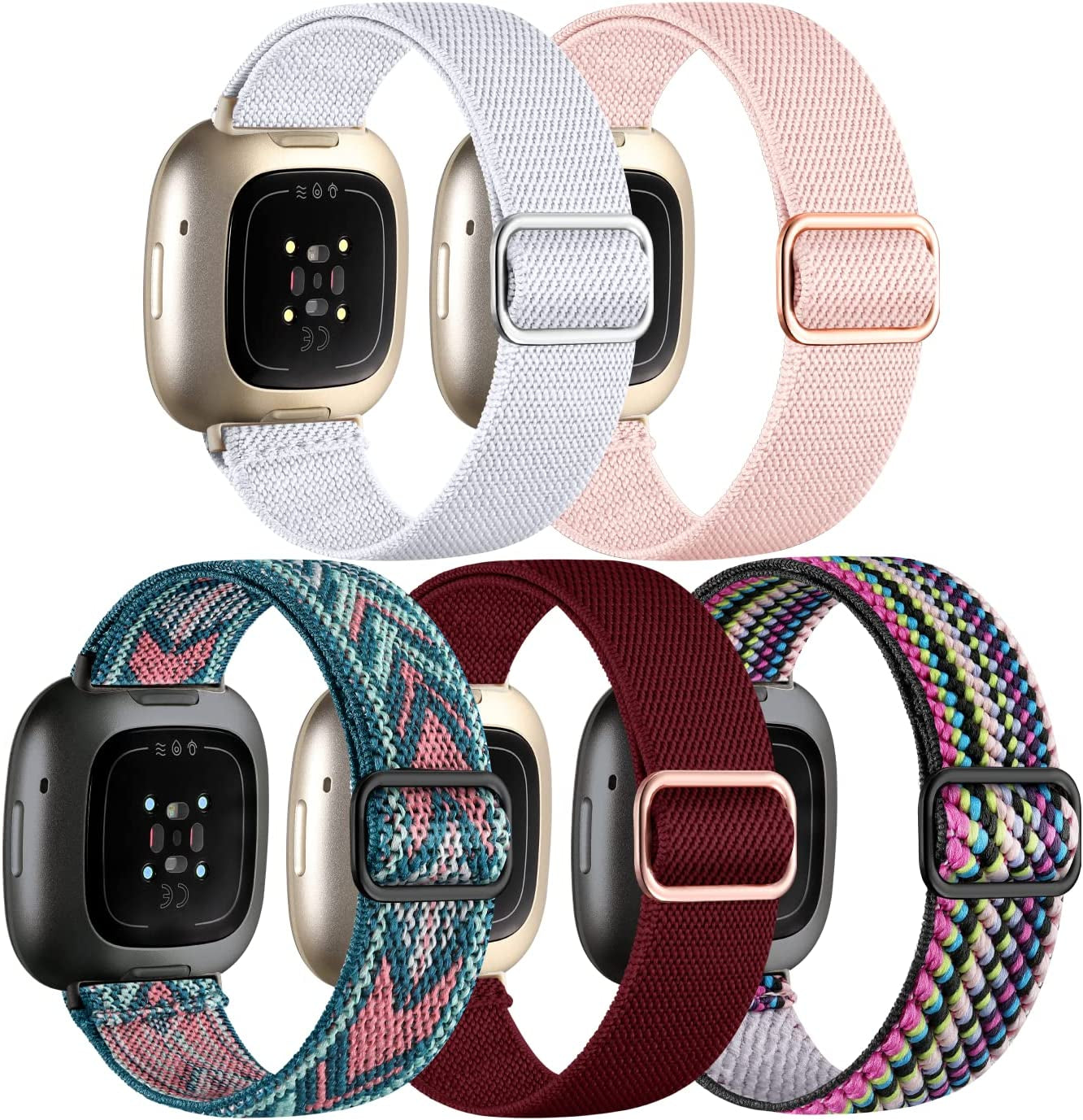 Adorve Compatible with Fitbit Versa 3 Bands/Fitbit Versa 4 Band/Fitbit Sense/Sense 2 Bands for Women Men, Adjustable Stretchy Solo Loop Elastic Nylon Sport Strap for Smartwatch Replacement  25-V3-BElastic-HeiBaiMgfenHuiYxz White/Sand Pink//Colorful/Wine Red/Green Arrow For Versa 3/Versa 4/Sense/Sense 2 