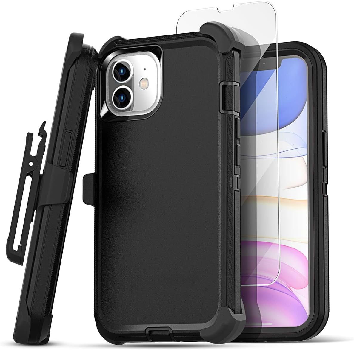 Aicase for Iphone 11 Case with Belt-Clip Holster, Heavy Duty Drop Protection Rugged Shockproof/Drop/Dust Proof 3-Layer Protective Durable Indestructible Phone Cover for Iphone 11, Black  AICase T_Black(With Belt Clip)+Protector Iphone 11 