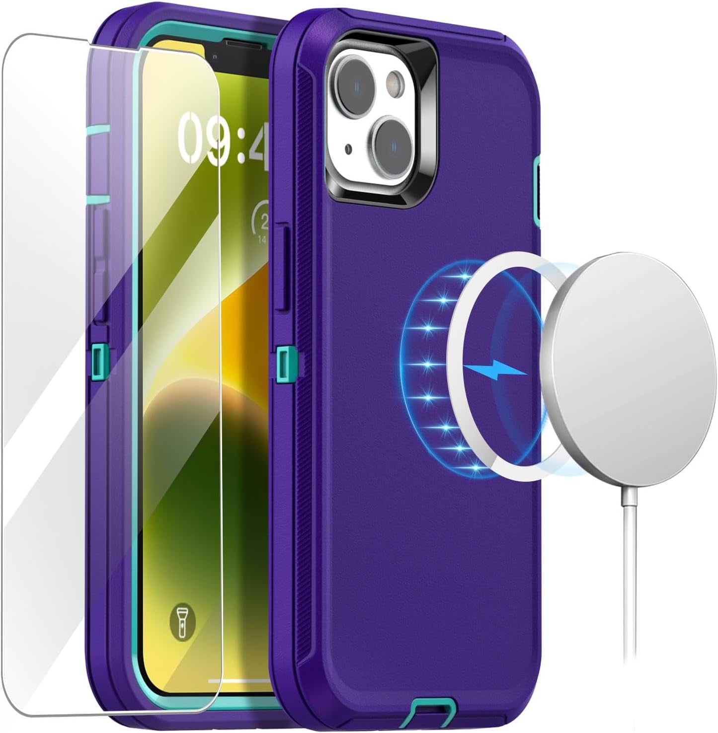 Aicase Magnetic Case for Iphone 14 Plus,Support Magnetic Car Mount Heavy Duty 2-Layer Pocket-Friendly Durable Military Grade Protection Shockproof/Dropproof Protective Cover for Iphone 14 plus 6.7"_1  AICase Iris Purple With Magsafe+Glass Protector  