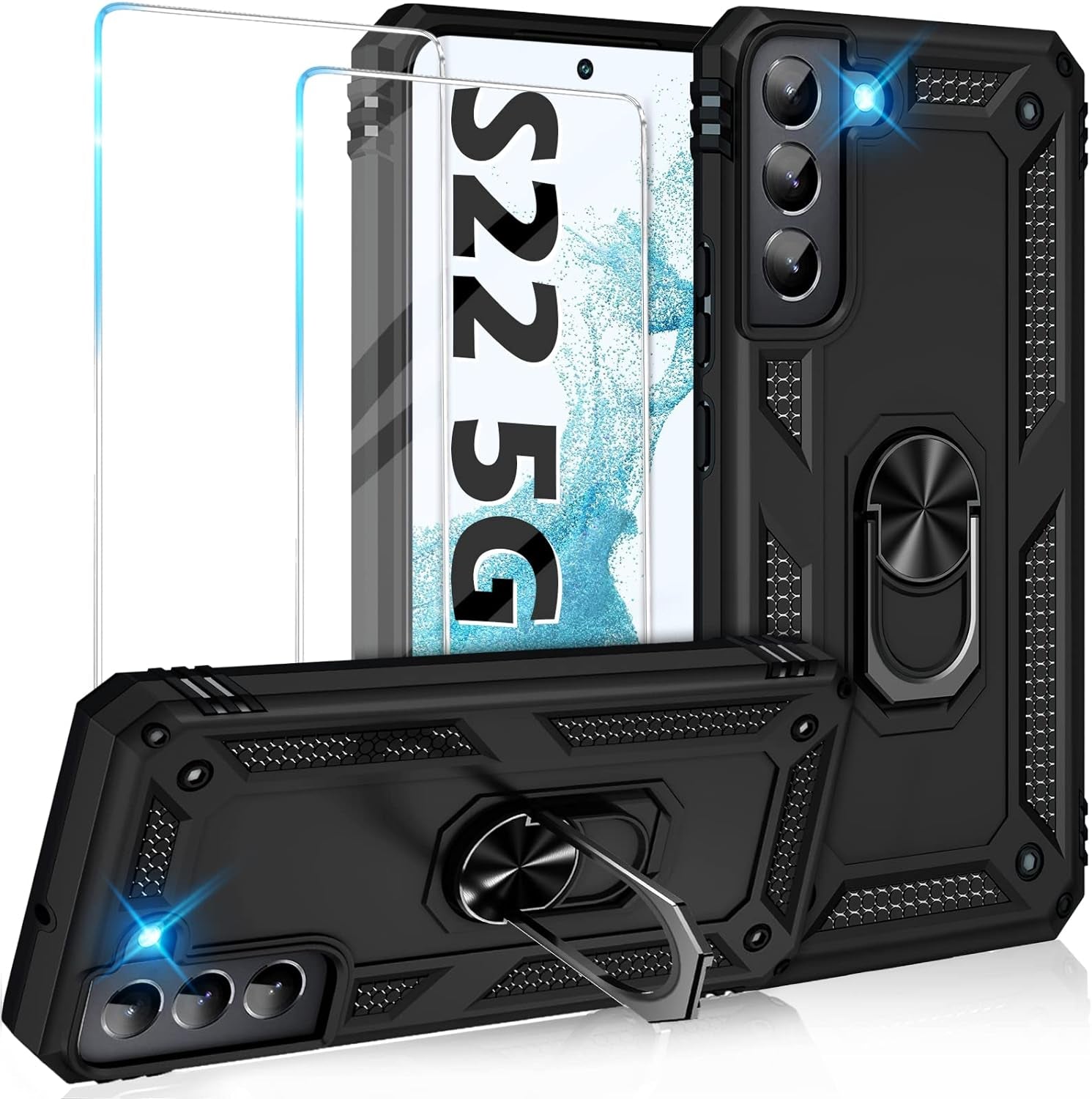 Vaki for Samsung Galaxy S22 5G Case with Built in Screen Protector Military Grade Hard Rugged Cover Heavy Duty Armor Galaxy S22 Phone Cases with Metal Ring Kickstand Shockproof Blue  Vaki Black  