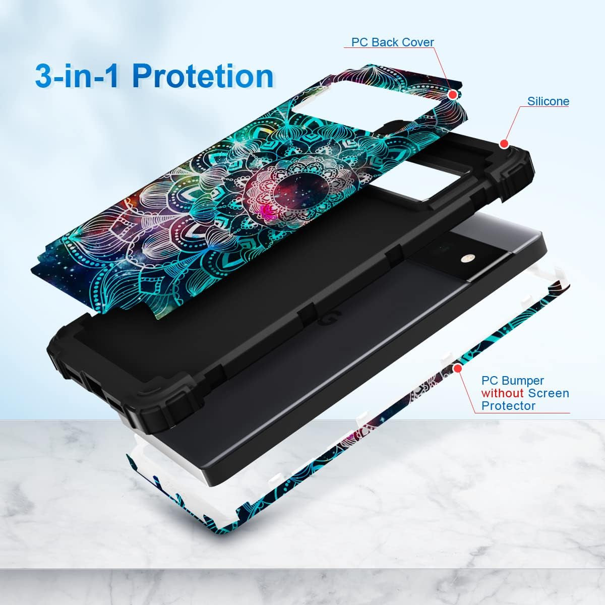 Hocase for Google Pixel 6 Pro Case, Heavy Duty Shockproof Protection Soft Silicone Rubber Bumper+Hard Plastic Hybrid Protective Case for Google Pixel 6 Pro (6.7") 2021 - Mandala in Galaxy  Hocase   