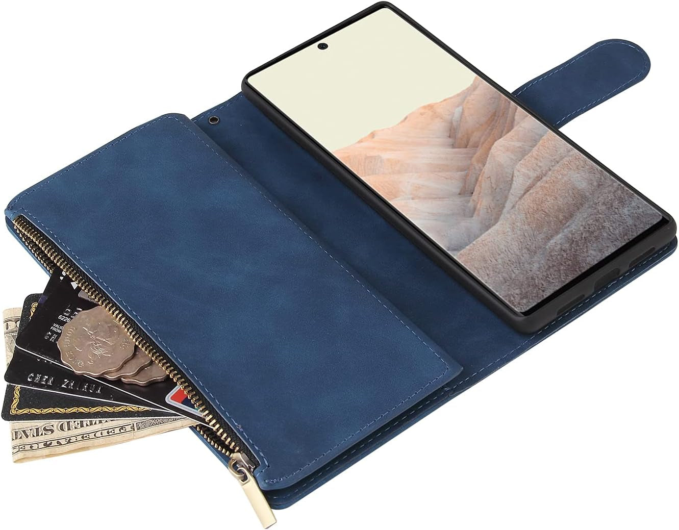 ZZXX Google Pixel 6 Pro Case Wallet with Card Slot Premium Soft PU Leather Zipper Flip Folio Wallet with Wrist Strap Kickstand Protective for Google Pixel 6 Pro Wallet Case(Blue 6.7 Inch)  ZZXX   