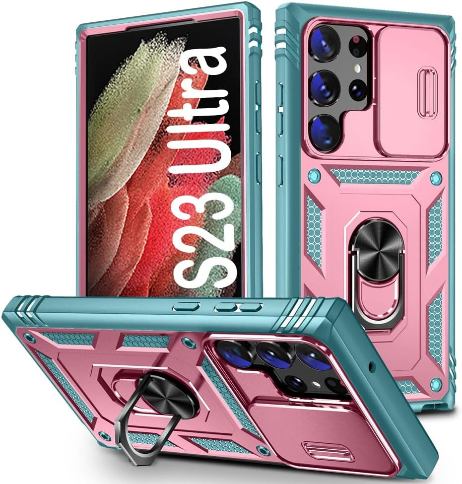 PASNEW for Samsung Galaxy S21 Ultra Case,Finger Ring Kickstand & Camera Cover Slide & Charge Port Dust Plug,Military Heavy Duty Full Body Shockproof Protective Hard Shell S21Ultra,6.8 Inch,Pink  PASNEW Pink+Green Samsung Galaxy S23 Ultra【6.8"】 