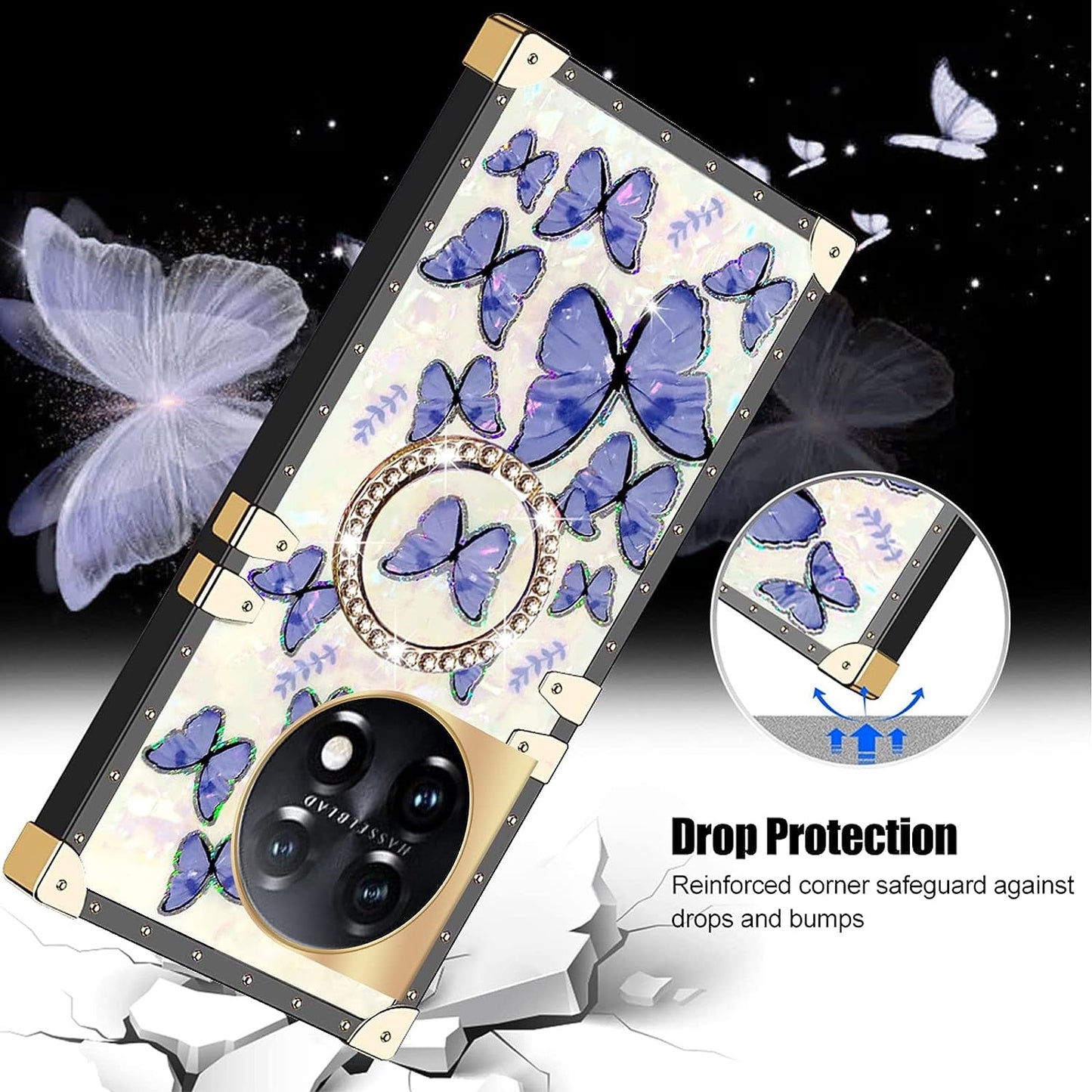 Kudini for Oneplus 11 Phone Case, Oneplus 11 5G Case for Women, Cute Square Glitter Girly Bling Stylish Retro Shock Soft TPU Protective Cover with Ring Kickstand for Oneplus 11 5G (Purple Butterfly)  KuDiNi   