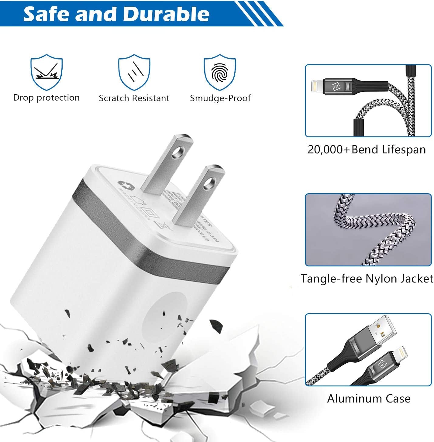 WHIRELEAST Iphone Charger Cable 10 FT with Wall Plug, Braided Long Iphone Charging Cord + Dual USB Wall Charger Block Adapter Compatible with Iphone 12/11/11 Pro Max/Xs/Xr/X/8/7/6 Plus, Ipad (4-Pack)  WHIRELEAST   