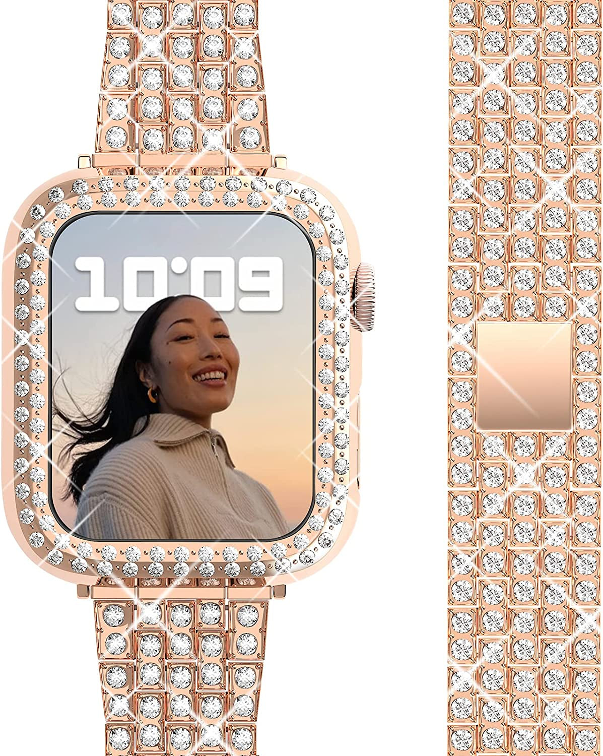 QVLANG Compatible Apple Watch Band Ultra 49Mm, Bling Series Band for Women + Diamond Rhinestone Case, Stainless Steel Metal Bracelet Strap for Iwatch Ultra (Silver, 49Mm)  QVLANG Rose Gold 41 mm 