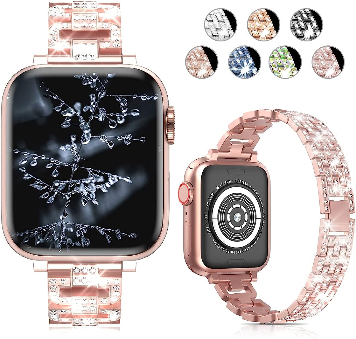 SIBOLOO for Apple Watch Band 45Mm 44Mm 42Mm 41Mm 40Mm 38Mm Series 7 Series 6 5 4 3 2 1 SE, Diamond Rhinestone Stainless Steel Iwatch Band, Bling Replacement Bracelet Metal Wristband Strap  SIBOLOO Rose pink 41mm/40mm/38 mm 